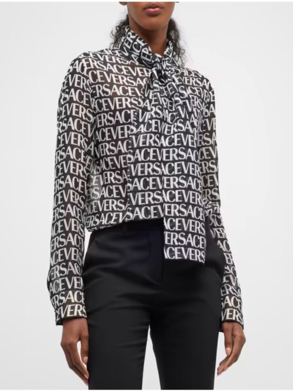 Versace Silk Logo Print Tie Neck Blouse Black White IT 40 US 4